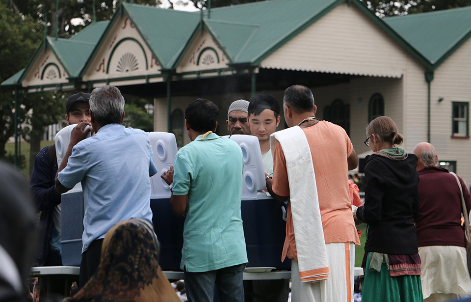 Free vegetarian dishes handed out by generous Sri Sri Radha Giridhari Temple members at the Auckland Domain vigil. Photo: Irra Lee