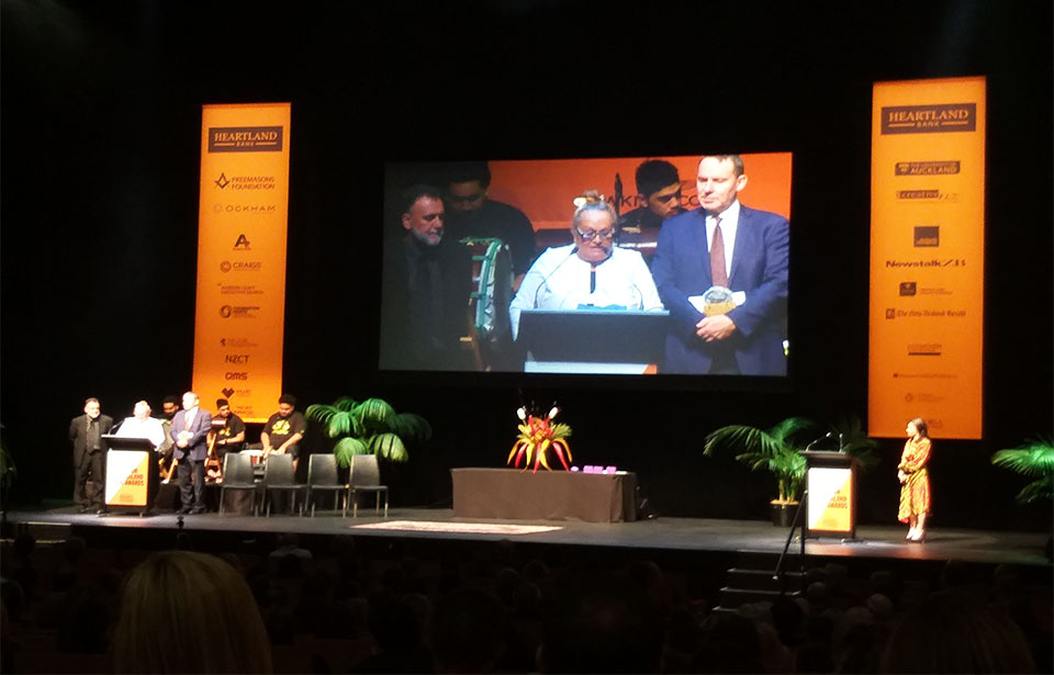 Tania Ka’ai received the award on behalf of Sir Tīmoti and the family of Dr Milroy. Photo: Esme O’Rafferty 