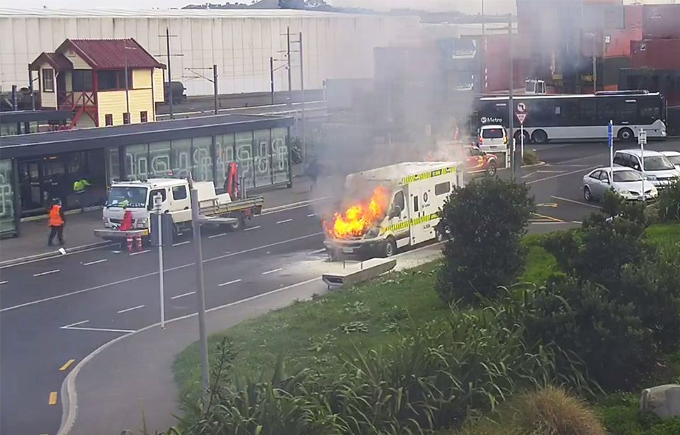 Ambulance on fire at Otahuhu station