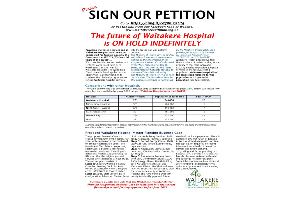 The petition residents are urged to sign after the MoH decision on Waitakere Hospital's future development