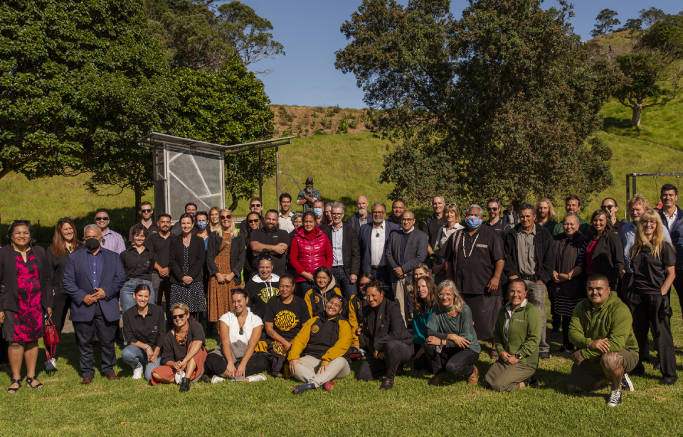 A group photo, including Conservation Minister Kiritapu Allan amongst manuhiri, taken in late April at the launch of a $6 million package of Jobs for Nature projects. PHOTO:  Brooke Waterson / Tūpuna Maunga Authority