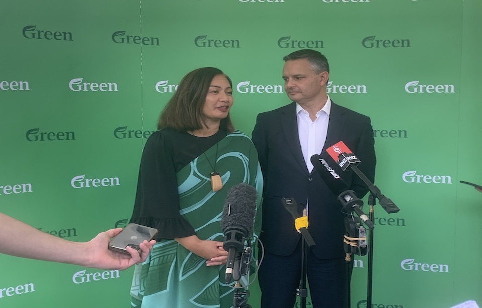 Green Party co-leaders Marama Davidson and James Shaw at the “State of the Planet" Rally. Image: Christy Quilliam