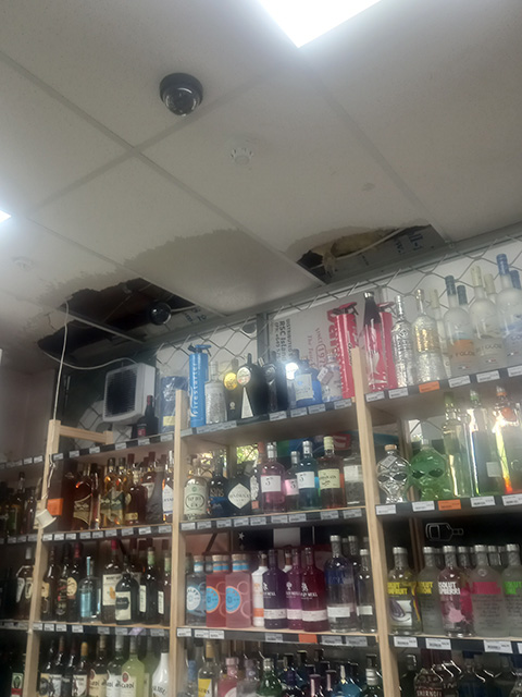 Ceiling damage in the liquor store. PHOTO: MATT SKINNER