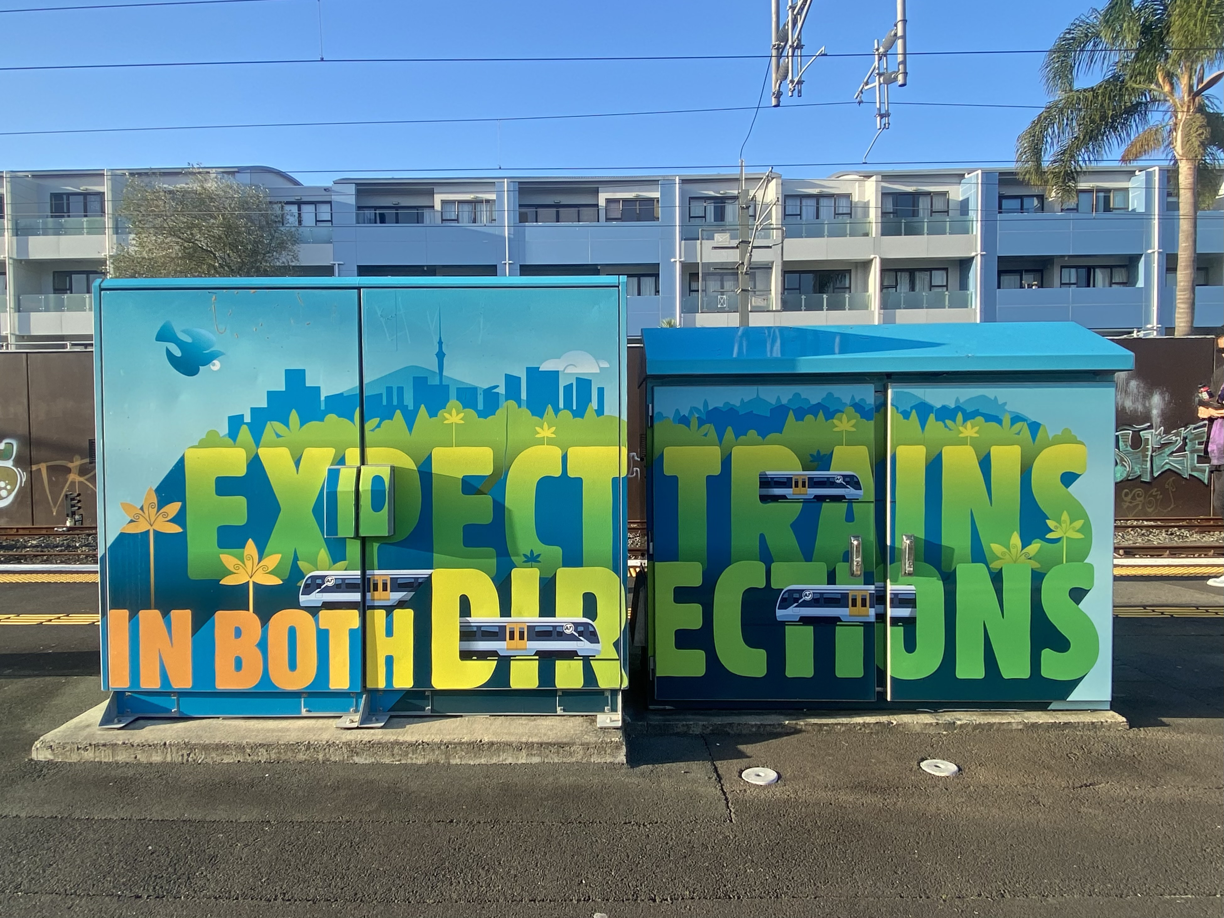 Important rail safety messages from White’s art for Auckland Transport.  PHOTO: Jessica Dolphin.