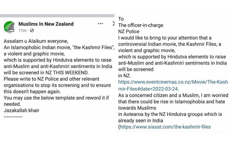 Facebook group writing to NZ Police to stop screening of the Kashmir Files
